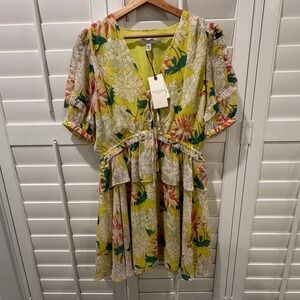 New Ted Baker Isbella Floral Mini Dress 3 (US 8) Yellow Puff Sleeve Garden Party